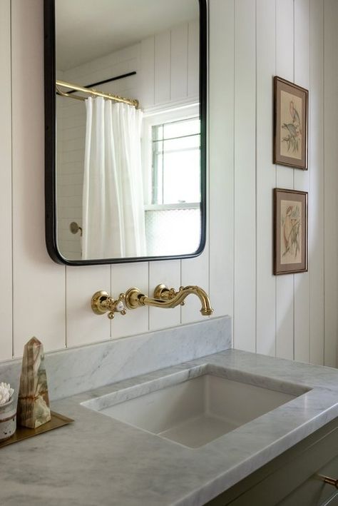 Bryant Farmhouse — Jessica Nelson Design Green Tongue And Groove Bathroom, Semihandmade Bathroom, Green Paint Bathroom, Green Vanity Bathroom Ideas, Shiplap Bathroom Ideas, White Bathroom Remodel, Remodel Interior Design, Bathroom Cabinet Colors, Design Bathroom Ideas