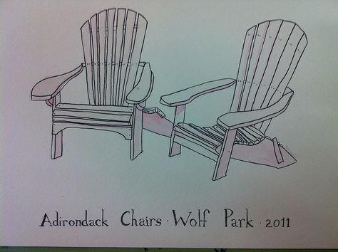 Adirondack Chairs watercolour -  by Araceli Robledo Adirondack Chair Tattoo, Watercolour Cottage, Perspective Drawing, Adirondack Chairs, Adirondack Chair, Pen Drawing, Cottage, Male Sketch, Humanoid Sketch