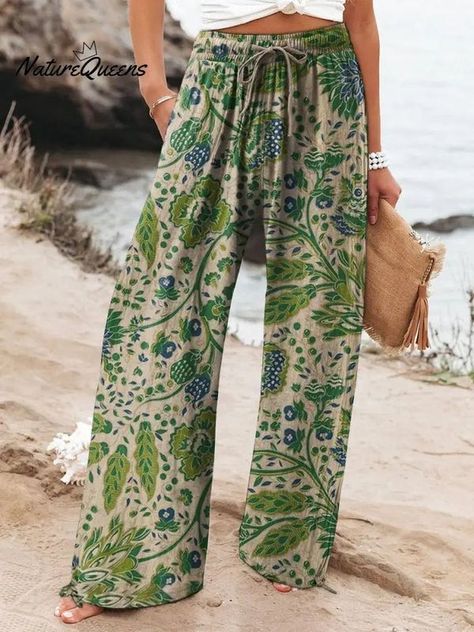 Nature queens Casual Linen Pants, Cotton Casual Pants, Casual Wide Leg Pants, Printed Wide Leg Pants, Linen Casual, Floral Prints Art, Pantalon Large, Mens Pajamas, Type Of Pants