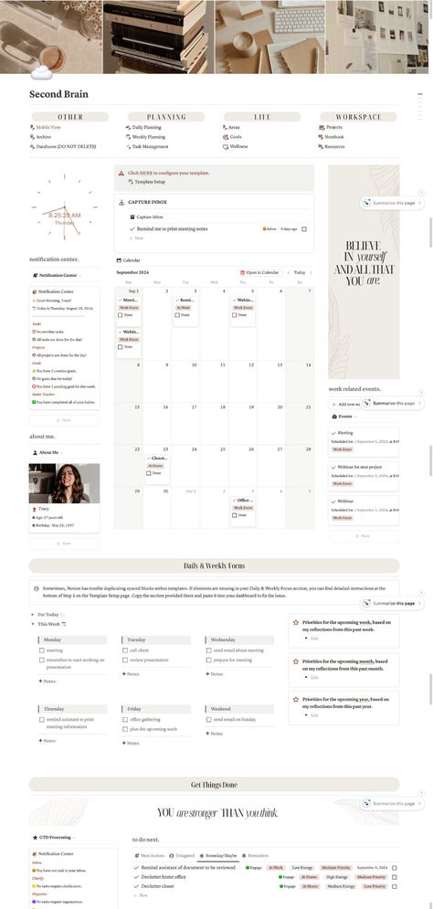 Notion Personal Template, Para Method, Gtd Planner, Gtd System, Notion Aesthetic, Workout Template, Brown Theme, Second Brain, David Allen Notion Personal Template, Notion Monthly Planner, Para Method, Blue Notion Template, Gtd Planner, Ideas For Study, Gtd System, Notion Weekly Planner, Notion Weekly