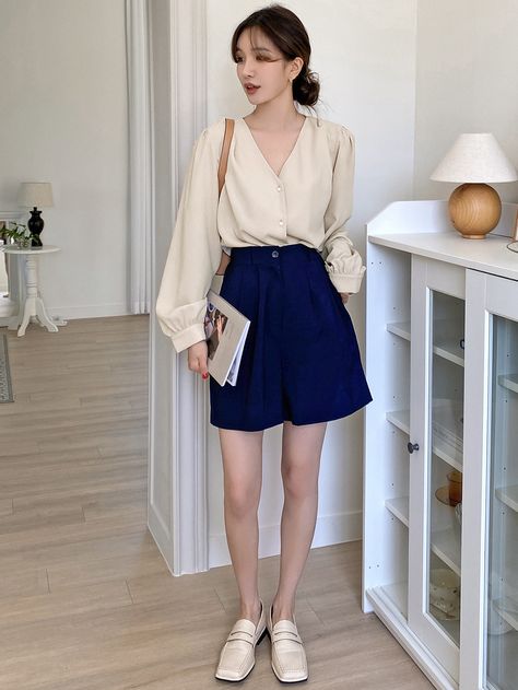 DAZY Bishop Sleeve Button Front Blouse | SHEIN USA Bishop Sleeve, Women Blouses, Casual Looks, High Waisted Skirt, Blouses For Women, Blouses, V Neck, Clothes For Women, Long Sleeve