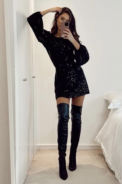 Knee High Boots Outfit Party, Sophie Moulds, Cozy Christmas Outfit, Xmas Party Outfits, High Knee Boots, Casual Christmas Party Outfit, Knee Boots Outfit, Winter Boots Outfits, High Boots Outfit