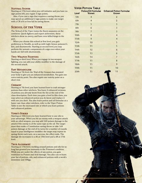 DnD 5e Homebrew — Witcher class by Mazzetti_ Witcher Dnd, Warlock Dnd, D D Classes, Dnd Races, Dnd Classes, Epic Characters, Dungeons And Dragons Classes, Dnd Dragons, Dnd 5e Homebrew