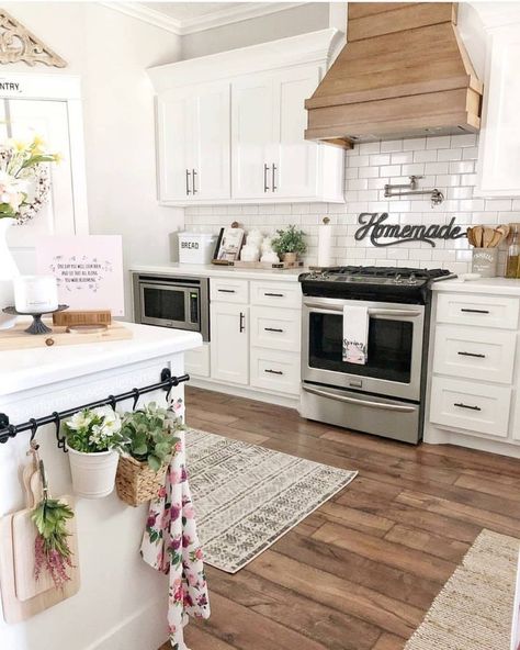 Farmhouse Is My Style on Instagram: “Cute modern farmhouse kitchen with large subway tile, wood style hood vent, white cabinets against medium dark hardwoods... so bright and…” Hood Vents Kitchen Wood, Kitchen Hood Ideas Modern, Large Subway Tile, Cute Modern Farmhouse, Kitchen Hood Vent, Kitchen Hood Ideas, Kitchen Hood Design, Kitchen Vent Hood, Kitchen Vent