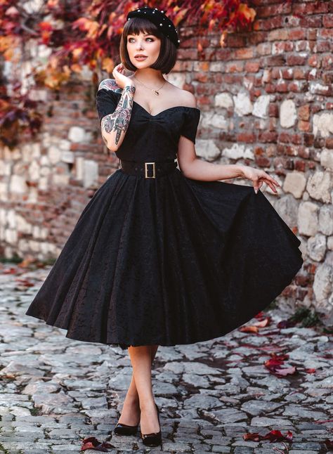 Dee Dee Black Satin Jacquard Full Circle Dress - British Retro Pinup Wedding Dress, Maxi With Belt, Black Tea Length Dress, Full Circle Dress, Rock N Roll Dress, Winter Outfits For Women, Rockabilly Dresses, Courthouse Wedding Dress, Rockabilly Wedding