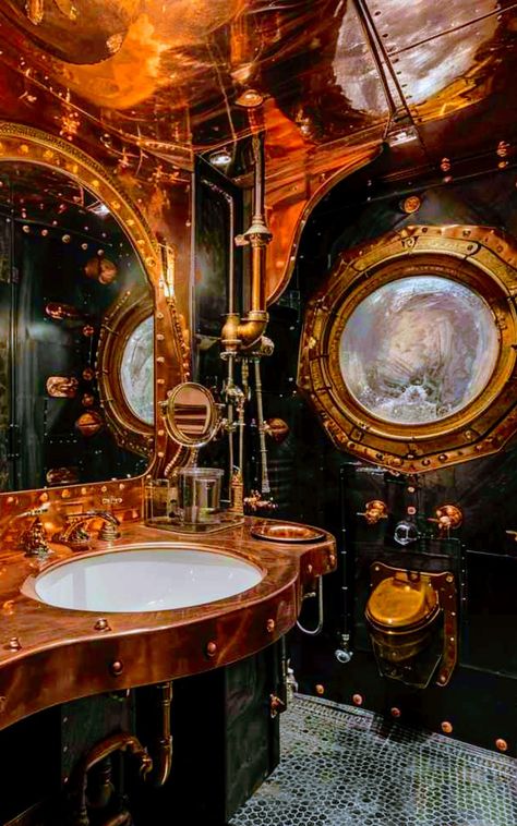 Steam Punk Bathroom, Steampunk Interior Design, Powder Room Storage, Steampunk Bathroom, Small Bathroom Storage Solutions, Steampunk Interior, Artistic Bathroom, Industrial Showers, Steampunk Furniture