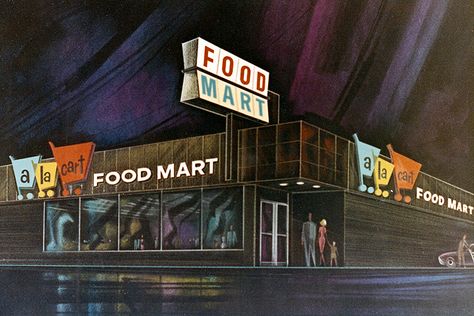 Supermarket Drawing, Vintage Grocery, Easy Listening Music, Tunnel Of Love, La Food, Mid Century Architecture, Grocery Stores, Wellness Programs, Retro Futuristic