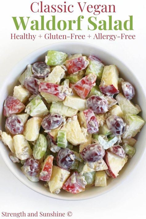 Vegan Waldorf Salad (Allergy-Free, Gluten-Free) | Strength and Sunshine | This Vegan Waldorf Salad is the perfect combination of crisp, creamy, sweet, and tangy! The classic 19th-century Waldorf Astoria salad recipe with nut-free, allergy-friendly updates using apples, celery, grapes, sunflower seeds, and a sweet eggless mayo dressing! A quick and easy chilled appetizer or side dish for any occasion and easily customized! Waldorf Salad Recipe, Waldorf Salad, Popular Side Dishes, Easy Spirit, Salad Dressing Recipes, Side Recipes, How To Cook Quinoa, How To Make Salad, Healthy Salad Recipes