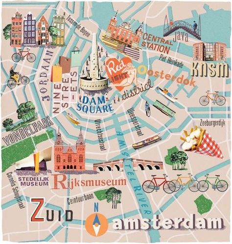 Amsterdam Tourist Map, Amsterdam Tourist, Amsterdam Map, Illustrated Maps, Amsterdam Holland, Visit Amsterdam, Tourist Map, Netherlands Travel, Amsterdam Travel