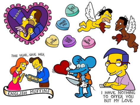 The Simpsons Valentines Day, The Simpsons Tattoo Ideas, Simpsons Characters Art, Simpsons Valentines Day, Simpsons Flash Tattoo, Simpsons Valentines, The Simpsons Tattoo, Cartoon Valentine, Valentine Cartoon