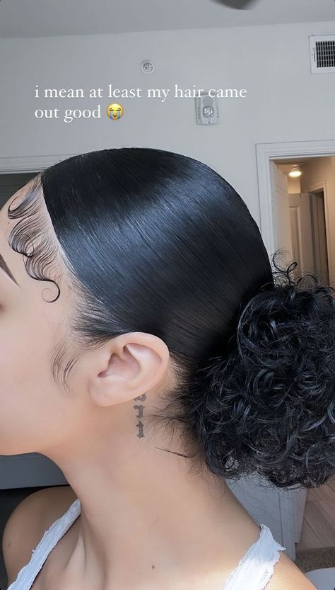 Sleek Hairstyles Natural Hair, Slick Hairstyles Natural Hair Curly, Slick Hairstyles Baddie Curly Hair Short, Hairstyles W Edges, High Bun With Edges, Slick Hairstyles Baddie Short Hair, Slick Curly Hairstyles, Middle Part Slick Back Bun, Slick Back Hairstyles Natural Hair