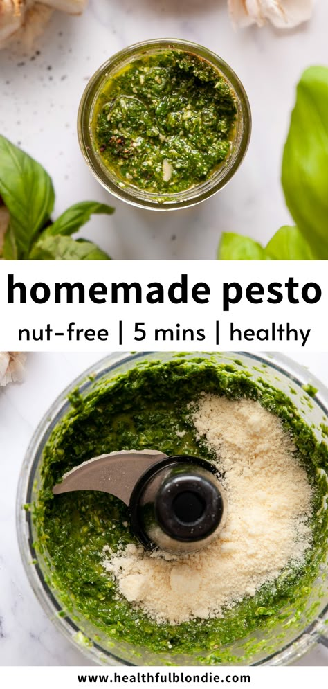 healthy nut-free basil pesto recipe made without pine nuts Nut Free Pesto, Basil Pesto Recipe, Homemade Pesto Recipe, Pine Nut Recipes, Healthy Pesto, Basil Pesto Recipes, Basil Recipes, How To Make Pesto, Healthy Summer Recipes