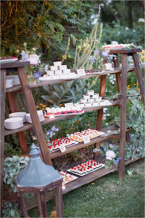 wooden ladder dessert display-- link to French inspired wedding. Pretty flowers and a lot of nice details. I like the picture table a lot! Ladder Wedding, Garlands Diy, Yarn Garland, Wedding Food Bars, Wedding Food Display, Dessert Display Wedding, Diy Garlands, Garland Tutorial, Graduation Party Foods