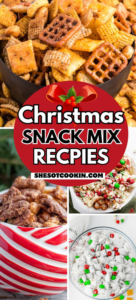 Snack mix recipes photo collage with text overlay. Christmas Snack Recipes Easy, Chex Recipes Christmas, Cinnamon Chex Mix Recipes Holidays, Chex Mix Reindeer Chow, Christmas Gorp Recipes, Check Mix Recipes Homemade Christmas, Christmas Treat For Neighbors, Holiday Snacks Christmas Savory, Christmas Mixes Snack