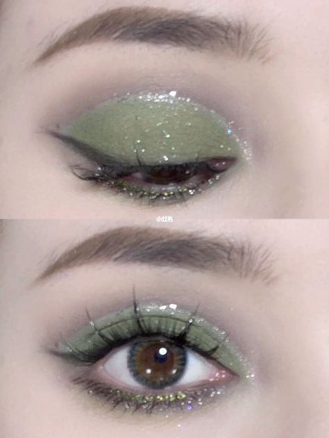 Makeup; eyeshadowlook; makeup inspo; Makeup idea; douyin; cbeauty; natural makeup; eyeshadow; blush; false eyelashes Sage Green Eye Makeup Natural, Green Silver Eye Makeup, Green Soft Makeup, Sage Green Eyeshadow Looks, Cute Green Makeup Looks, Soft Green Eyeshadow, Tutor Eyeliner, Green Douyin Makeup, Mint Eyeshadow Looks