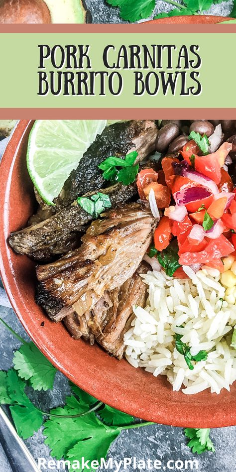 Pork Burrito Recipe, Pulled Pork Bowls, Carnitas Bowl Recipe, Pork And Rice Bowls, Pulled Pork Bowl Recipe, Pulled Pork Rice Bowl, Pork Chipotle Bowl, Pork Rice Bowls, Carnitas Bowl