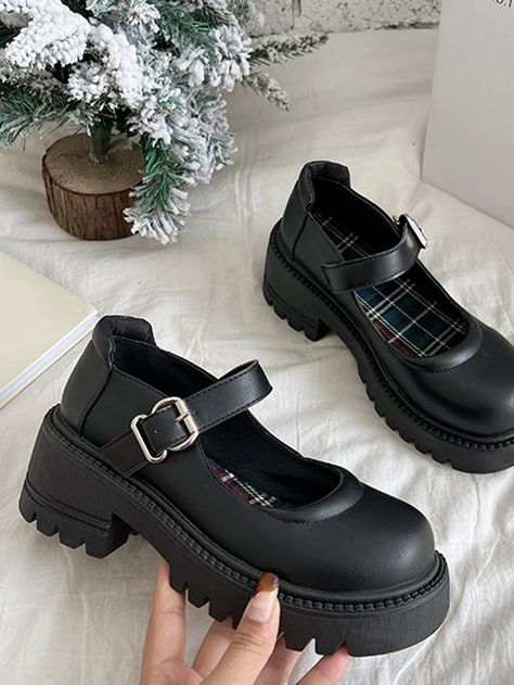 Black Preppy Collar   Plain Mary Jane Embellished   Women Shoes Mary Jane Shoes Cute, Mary Janes For School, Cute Black Shoes For School, Marry Jane Shoes Outfit Aesthetic, Mary Jane School Shoes, Marry Jane’s, Marry Jane Shoes Outfits, Aesthetic School Shoes, Aesthetic Shoes Black