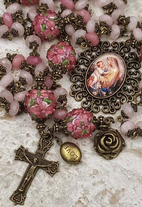 Rosary Bead Tattoo, Beautiful Rosaries, Love Peace Happiness, Rosary Jewelry, Pink Jade, Jesus Love, Rosary Prayer, Peace Happiness, Holy Rosary