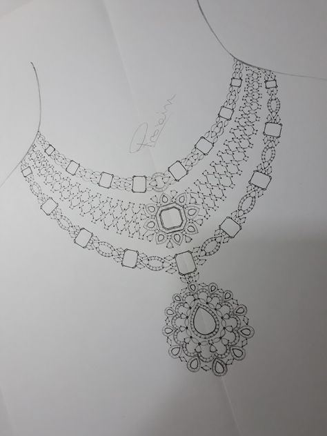 Diamond Necklace Sketch, Indian Jewelry Drawing, Jewellery Drawing Sketches, Necklace Designs Sketch, Jewelry Design Necklace Sketches, Necklace Sketch Design, Jewelry Design Drawing Necklaces, Jwellery Designing Drawing, Necklace Drawing Sketch