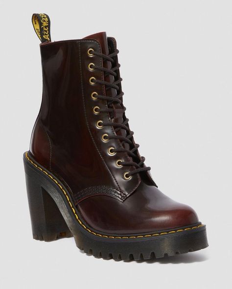 This is the Kendra, a feminine, tough 10-eye boot in soft, semi-analine leather. Extra height and street cred come in the form of a commando tread sole and an empowering high heel—and that's all alongside unmistakable Docs DNA, like grooved sides, visible stitching and a scripted heel loop. 10-eye boot Built on the iconic, rebelliously comfortable Dr. Martens Airwair™ air-cushioned sole Sole is slip-resistant with superior abrasion, and is oil and fat resistant, too Classic Docs DNA is in full e Red Platform Boots, Cherry Red Dr Martens, Red Dr Martens, Tvd Dr, Doc Martens Outfit, Shoes Dr Martens, Dr Martens Womens, Platform Chelsea Boots, Visible Stitching