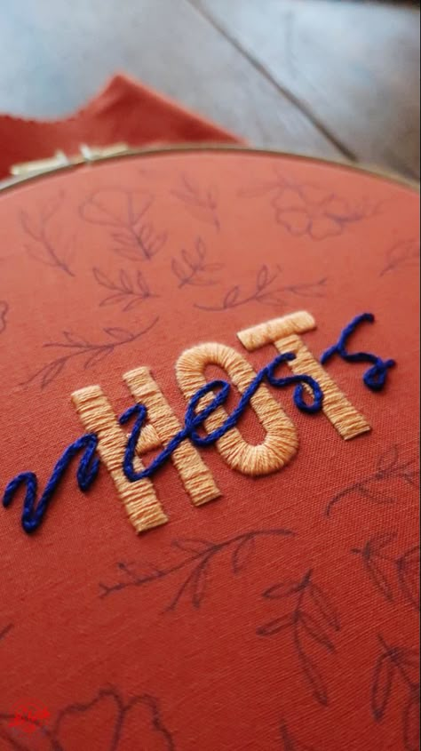 Work in progress of my Hot Mess hoop. Love the orange fabric of this one 🧡 Typography Embroidery, Daily Crafts, Weaving Loom Projects, Hoop Embroidery, Hand Embroidery Projects, Art Embroidery, Pola Sulam, Punch Needle Embroidery, Crochet Stitches For Beginners