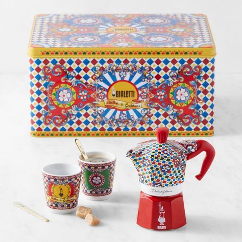 Bialetti Moka Dolce & Gabbana 2-Cup + 2 Espresso Cups & Stirrers | Williams Sonoma Italian Icons, Bialetti Moka, Italian Roast, Clean Pots, Yummy Ice Cream, Kitchen Witchery, Table Setting Inspiration, Coffee Tin, Roast Coffee