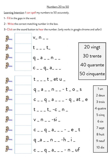 Spelling numbers 20 to 50 - Interactive worksheet French Numbers Worksheet 1-20, Grade 2 French Worksheets, French Numbers Worksheet, French Worksheets For Beginners, Spelling Numbers, French Documents, French Lessons For Beginners, Number Words Worksheets, French Numbers