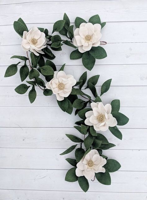 Magnolia Garland for Girl Nursery - Felt Magnolia Garland for Mantle - Magnolia Flowers for Round Nu Magnolia Nursery Decor, Magnolia Nursery, Wooden Nursery Name Sign, Garland For Mantle, Homemade Flowers, Magnolia Garland, Magnolia Colors, Wooden Nursery, Cricut Inspiration