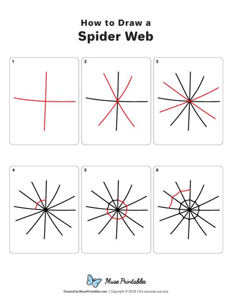 Learn how to draw a spider web step by step. Download a printable version of this tutorial at https://museprintables.com/download/how-to-draw/how-to-draw-a-spider-web/ How To Draw A Web, How To Draw A Spider Web Step By Step, How To Draw A Spider Web, Spider Web Step By Step, Preschool Spiders, Spider Identification Chart, Draw A Spider Web, Draw A Spider, Doodle Prompts