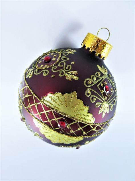 Handcrafted Blown Glass Orb Christmas Ornament Embellished Gold Maroon Jeweled Glass Blowing, Christmas Ornaments, Glass, Christmas, Gold