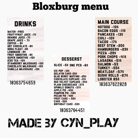 Bloxburg Drinks Menu Decal, Bloxburg Sushi Menu Decals, Gym Sign Bloxburg Codes, Restraunt Decal Bloxburg, Drink Menu Bloxburg, Bloxburg Drink Menu Codes, Bloxburg Food Menu Decals, Bloxburg Food Truck Decals, Bloxburg Cafe Menu Decals Codes Drinks