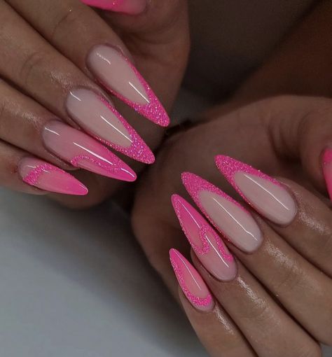 Hot Pink Diamond Nails, Diamond Pink Nails, Pink Nail Ideas, Diamond Nail Designs, Glitter French Nails, Dark Pink Nails, Neon Pink Nails, Pink French Nails, Glitter French Tips