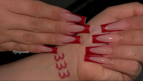 Acrylic Tip Designs, Red French Tip Acrylic Nails, Long French Tip Nails, Red French Tips, Long French Nails, Red French Tip, Camouflage Nails, Long Red Nails, Long Square Nails