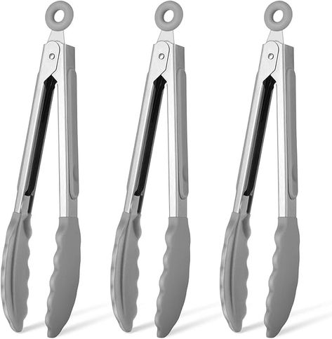 Amazon.com: Hotec Mini Silicone Kitchen Tongs for Cooking - 7-Inch Small Serving Tongs with Silicone Tips, Set of 3 (Grey): Home & Kitchen Silicone Tongs, Kitchen Tongs, Serving Tongs, Tongs Kitchen, Pots And Pans Sets, Lock It, Silicone Kitchen, Hand Held Shower, Amazon Home