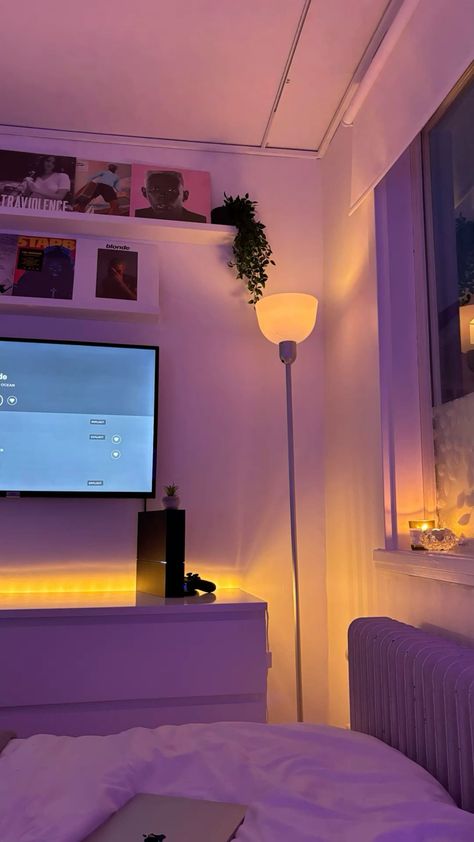 Tv Aesthetic Bedroom, Tv Inspo Bedroom, Ambient Bedroom Aesthetic, Frank Ocean Bedroom Aesthetic, Bedroom Led Lights Aesthetic, Frank Ocean Aesthetic Room, Room Inspo With Tv, Room With Tv Aesthetic, Ambient Lighting Bedroom Aesthetic