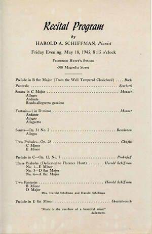 Photo of Harold Schiffman's 1945 High School Senior Recital program, Greensboro,  NC, included several of his own compositions:  Three (of Six) Preludes (Dedicated to Florence Hunt) and Two Fantasias. Note: The location of the scores of the Two Fantasias remains unknown, if the scores still exist.  The scores of the Six Preludes ("Opus 10") (1944), however, have been found. (Studio of Miss Florence Hunt), Greensboro, North Carolina (18 May 1945) Piano Recital Program, Florence Hunt, Recital Poster, Senior Recital, Homeschool Music, Piano Recital, Greensboro North Carolina, Music Lesson, Greensboro Nc