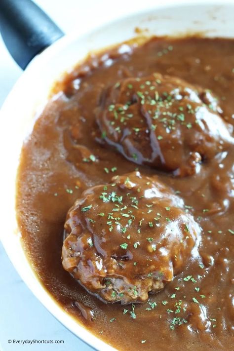 Gluten Free Salisbury Steak Recipe, Gluten Free Salisbury Steak, Salisbury Steak Gravy, Simple Salisbury Steak, Salisbury Steak Crockpot, Gluten Free Hamburger, Hamburger Steak Recipes, Hamburger Steak And Gravy, Salisbury Steak Recipe