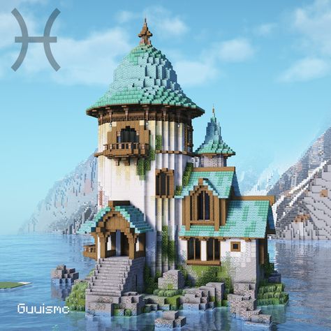 Pisces Waterside Sanctuary Inspired by the constellation Pisces Download Available on patreon/guuis #minecraft #minecraftbuilds #minecrafthouse #minecraftideas Minecraft Ocean House Aesthetic, Minecraft Squid Build, Minecraft House Near Water, Minecraft Sanctuary Ideas, Minecraft Aquatic Build, Minecraft Building Ideas Ocean, Minecraft Water Castle, Ocean Themed Minecraft Builds, Ocean Base Minecraft