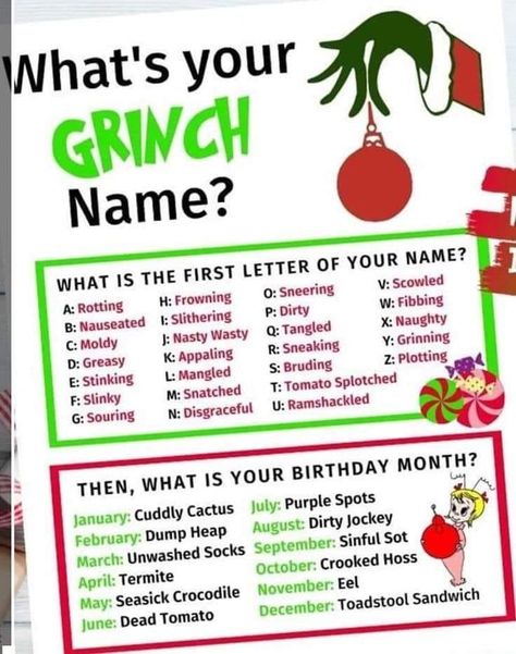 Grinch Name, Grinchmas Party, Christmas Party Activities, Xmas Games, Grinch Christmas Party, Christmas Movie Night, Fun Christmas Party Games, Grinch Party, Fun Christmas Games