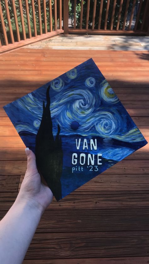 Graduate Cap Decoration, Cool Graduation Cap Designs, Cap Decoration Graduation Aesthetic, Artistic Graduation Cap, Step Brothers Graduation Cap, Starry Night Graduation Cap, Painted Graduation Cap Ideas, Best Graduation Caps, Art School Graduation Cap