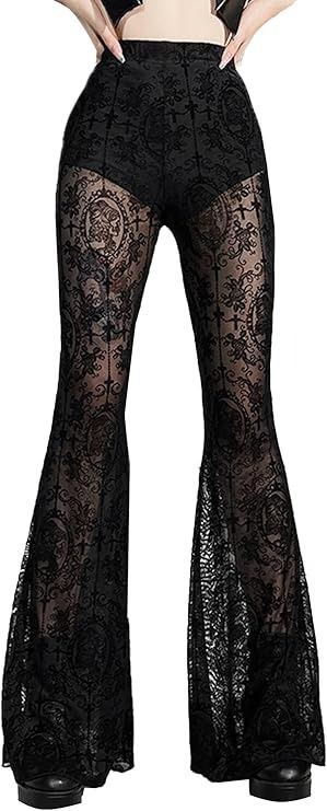 Women's Elastic Gothic Flare Pants High Waisted See Through Lace Bell Bottom Pants 70S Sexy Sheer Lace Flare Leg Pants Rave Clothes Black-c at Amazon Women’s Clothing store Steampunk Pants, Outfit Clubwear, Hip Hop Trousers, Rave Pants, Bell Bottom Trousers, Gothic Pants, Velvet Flare Pants, Edm Outfits, Boot Cut Leggings