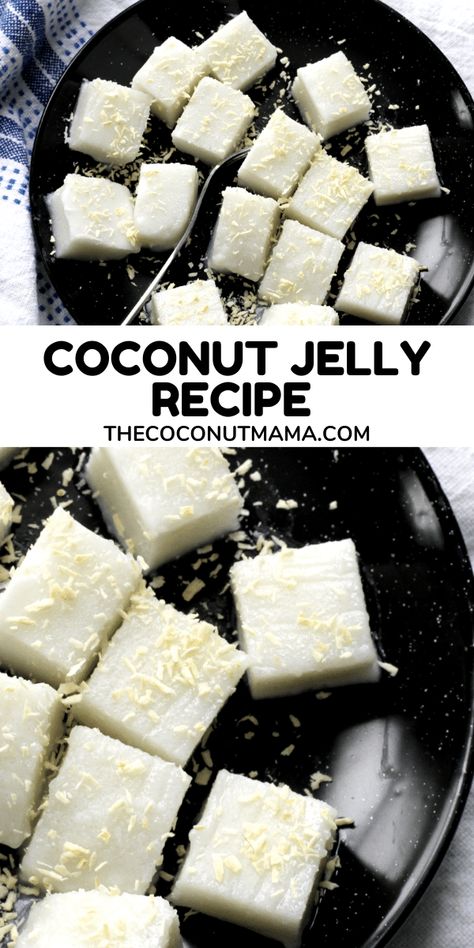 This coconut jelly recipe is a delicious treat made with coconut cream, gelatin, and sweetener. Knox Gelatin Recipes Desserts, Coconut Gelatin Recipes, Coconut Jello Recipe, Coconut Jelly Dessert, Coconut Cream Recipes Canned, Recipes With Gelatin, Gelatine Recipes, Coconut Jelly Recipe, Coconut Jello