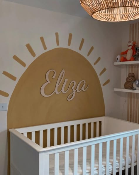 Sun Accent Wall Nursery, Sun Painted Behind Crib, Sun Nursery Mural, Painted Sun In Nursery, Sun Painted On Wall Nursery, Half Sun Nursery Wall, Nursery With Sun Wall, Sun Wall Mural Nursery, Boho Sun Themed Nursery