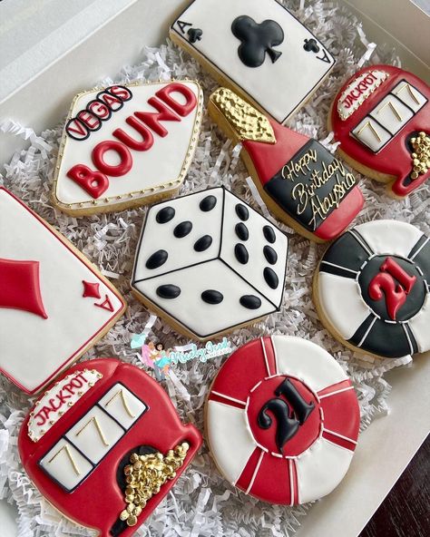 Vegas Cookies, Casino Birthday Party, Casino Birthday, Happy 21st Birthday, Vegas Baby, Brunch Party, Wedding Cookies, Casino Theme, Casino Theme Parties