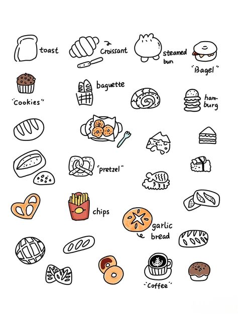 Bagel Doodle, Doodle Eating, Korean Food Drawing, Cozy Doodles, Food Doodle, Line Drawing Tattoos, Bujo Doodles, Drawing Face Expressions, Food Doodles