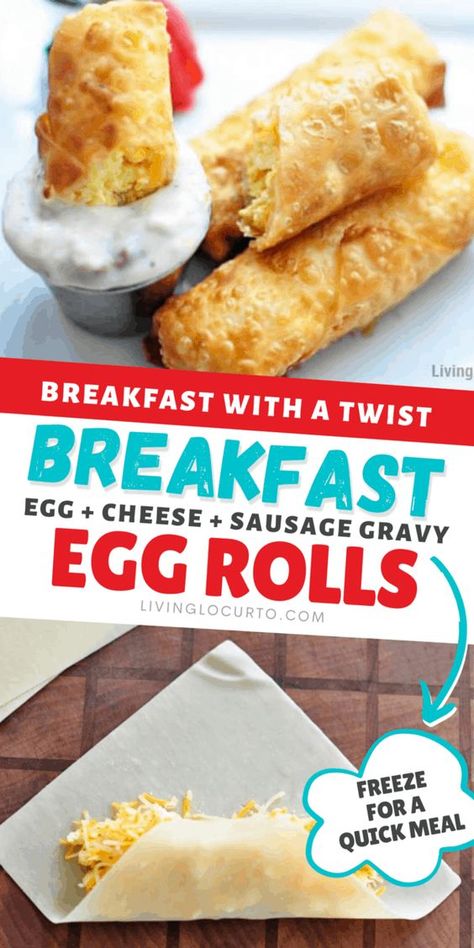 Breakfast Egg Rolls With Sausage Gravy, Sausage Egg Rolls Recipe, Egg Roll Breakfast Recipes, Breakfast Egg Rolls Recipe, Sausage Egg And Cheese Breakfast Rolls, Air Fryer Breakfast Egg Rolls, Breakfast Eggrolls Air Fryer, Breakfast Rolls With Eggs, Breakfast Egg Roll