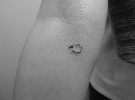 Tiny minimalist sheep tattoo on the inner forearm. Fineline Sheep Tattoo, Once Lost Sheep Tattoo, Dainty Sheep Tattoo, Sheep Line Tattoo, Minimalist Sheep Tattoo, One Lost Sheep Tattoo, Tiny Sheep Tattoo, Sheep Tatoos, Sheep Line Art