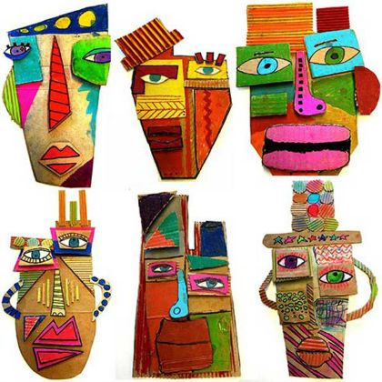 cardboard masks                                                                                                                                                                                 More Picasso Inspired Art, Cardboard Masks, Creative Self Portraits, Cardboard Mask, Classe D'art, Picasso Inspired, Self Portrait Art, Art Picasso, Art Projects For Kids