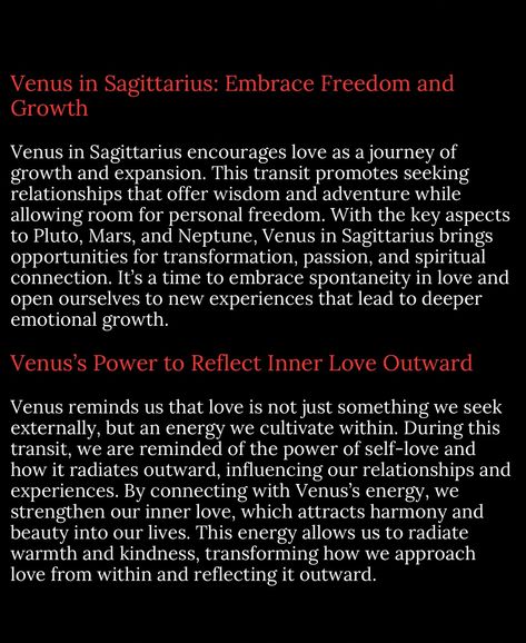 ✨ On October 17, 2024, Venus enters adventurous Sagittarius, bringing a wave of freedom, optimism, and exploration in love. This energy inspires a desire for new experiences and open-hearted connections, pushing us to expand our emotional horizons. 💫 💬 How are you embracing this shift in your relationships? Like, save, and share your journey! 💬 🔮 Visit my link in bio to book a session and explore how Venus in Sagittarius impacts your love life and personal growth. 🔮 @planetaryoracle.333 ... Spiritual Connection, New Experience, That's Love, Personal Growth, Love Life, The Expanse, Energy, Encouragement, Spirituality