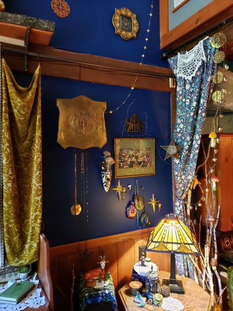 Navy Celestial Bedroom, Blue Whimsigoth Bedroom, Bohemian Room Aesthetic, Fairytale Living Room, Celestial Living Room, Celestial Bedroom Aesthetic, Celestial Room Decor, Blue Room Aesthetic, Parrish Relics